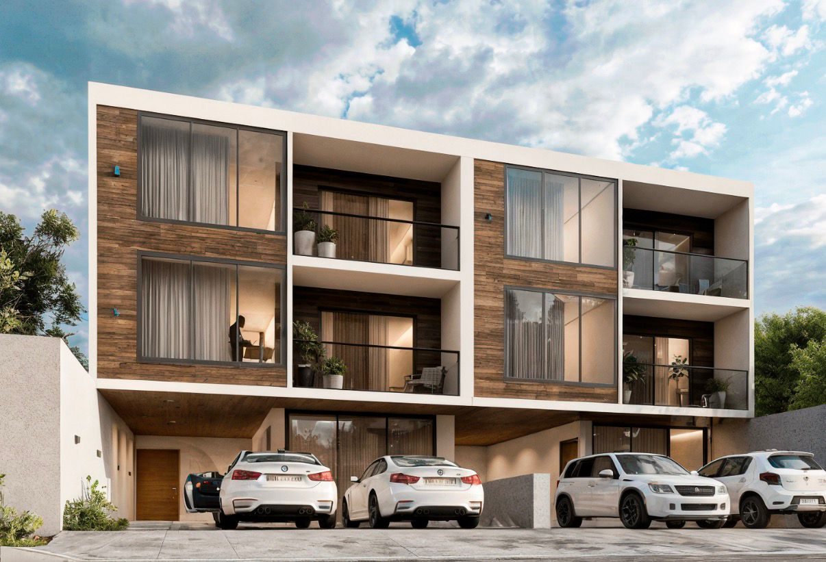 Render de edificio de tres niveles con varias unidades y parqueaderos